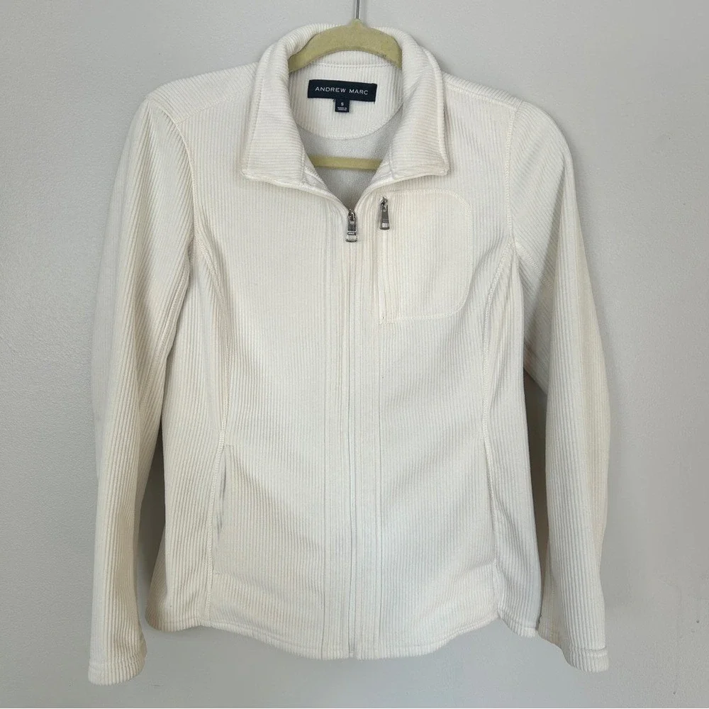 Andrew Marc Cream Ribbed‎ Jacket Women's Small Full Zip Quiet Luxury Minimalist